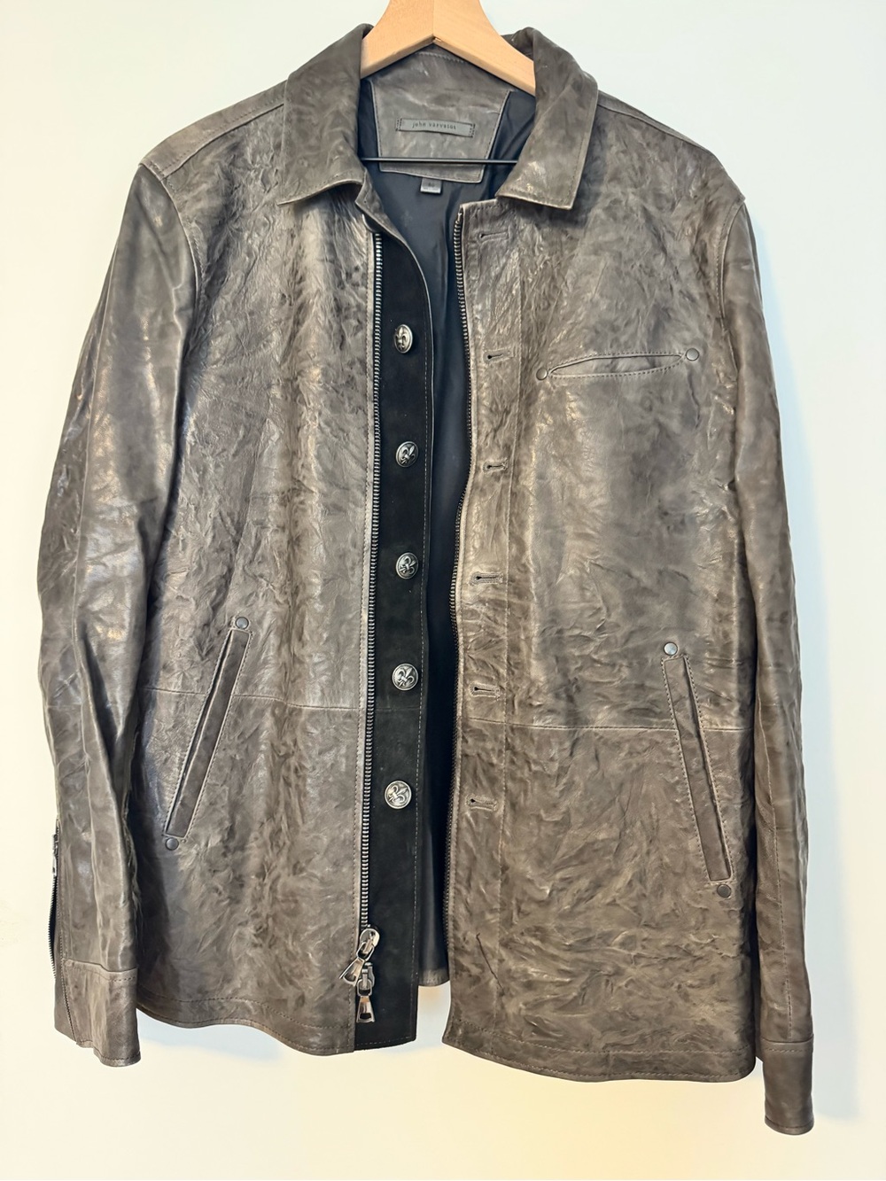 John Varvatos Distressed Leather Bomber Jacket - Gray Brown